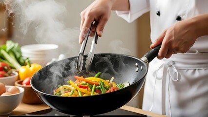 Chef cooking stir fry vegetables in a wok steam peppers green beans tomatoes food healthy kitchen meal preparation frying pan
