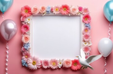 A decorative frame adorned with colorful flowers, surrounded by pastel balloons on a pink background. A white dove is positioned near the frame, copy space, free space for text