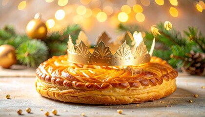 Collection of photos featuring Galette des Rois on a rustic table, golden flaky pastry, paper crown, festive holiday lights, Christmas greenery, cozy winter mood, premium gourmet food photography.