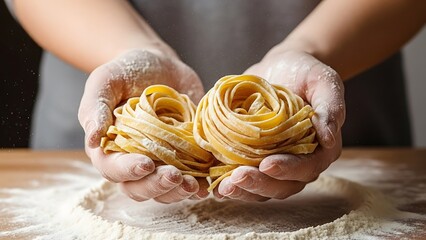 Freshly Made Tagliatelle Pasta in Hands fresh homemade italian food flour cooking culinary noodle dough raw ingredient