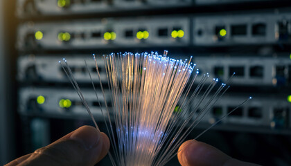 Close-up of hands holding glowing fiber optic cables in a server room, illustrating high-speed data transmission and network infrastructure.
