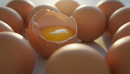 Single cracked brown egg with a bright yellow yolk sits among many whole eggs in soft, warm, natural morning light, creating a delicate and fresh scene