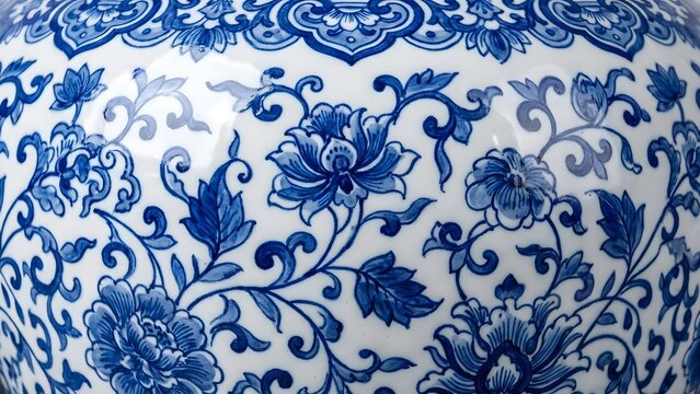 Close-up of intricate blue and white floral pattern on traditional Chinese porcelain vase.