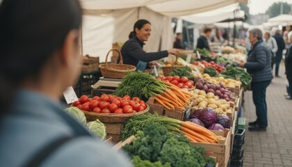 Fresh organic vegetables on a market stall are beautifully displayed in wooden crates as a smiling female vendor interacts with shoppers at a bustling outdoor fair