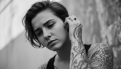 Pensive young woman with short dark hair and intricate arm tattoos looks down with a melancholic expression in a moody, artistic black and white portrait