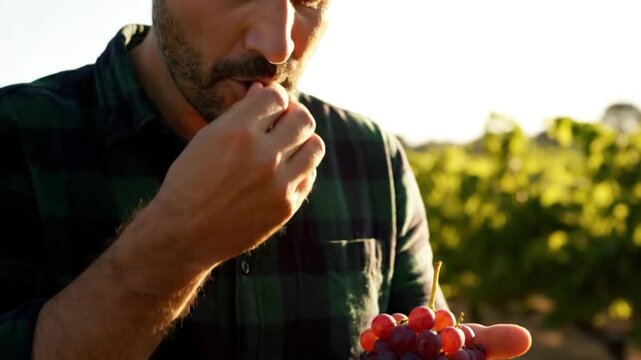 Man eating fresh red grapes in a sunny vineyard, harvest season