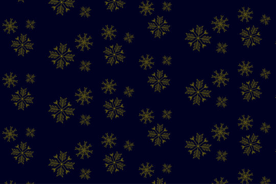 Seamless gold snowflake vector pattern on dark navy background