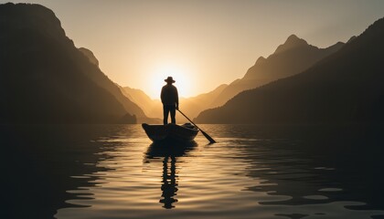 Silhouetted person wearing a hat stands in a small wooden boat with an oar, peacefully floating on a calm lake surrounded by mountains during a beautiful golden sunset