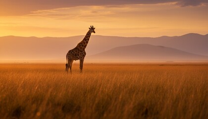 Majestic solitary giraffe stands tall on the vast savanna plains, silhouetted against a warm, golden sunrise with hazy mountains in the distance