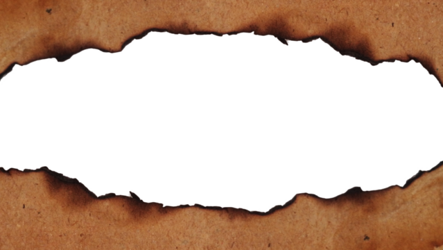 Burnt aged paper horizontal frame with textured edges and space isolated on transparent background