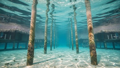 Wooden support pilings for overwater bungalows seen from an underwater perspective in a serene tropical lagoon with crystal clear turquoise water and sunlight