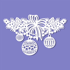 Fir branches with Christmas balls, a bow, and beads. Laser cutting template for paper, wood, cardboard, etc. A decorative element in the shape of a fir tree. For designing greeting cards, Christmas an