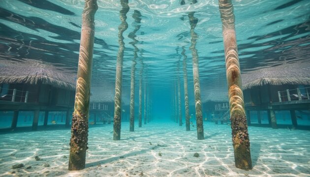 Wooden support pilings for overwater bungalows seen from an underwater perspective in a serene tropical lagoon with crystal clear turquoise water and sunlight - Powered by Adobe