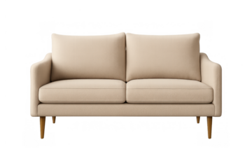 Beige two-seater loveseat sofa furnishing empty modern living room space at home or office isolated on transparent background