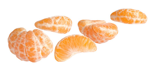 Naklejka premium Tangerine segments falling on white background. Citrus fruit
