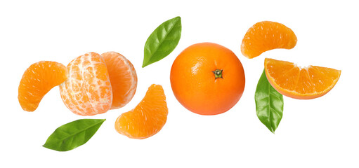 Fresh tangerines and green leaves falling on white background. Citrus fruit