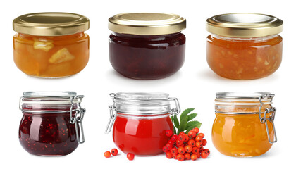 Collection of jars with different jams isolated on white