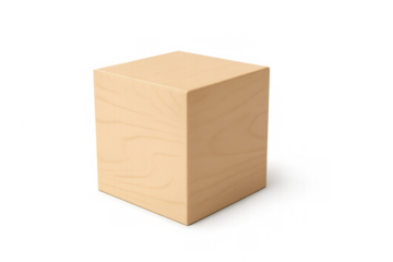 Wooden cube block displaying natural texture, a blank 3d geometric shape for construction, education, or toy concepts on transparent background
