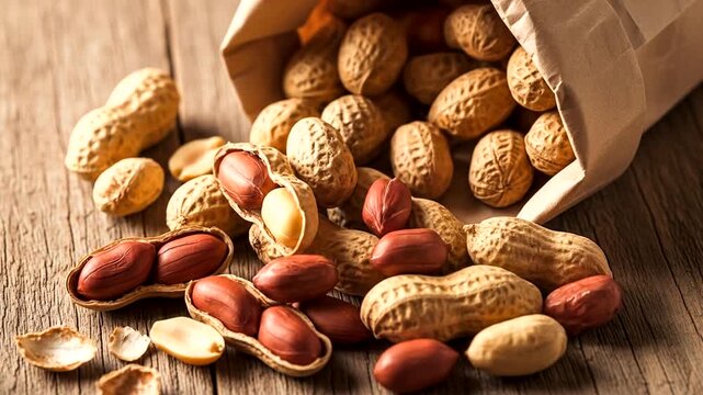 Roasted Peanuts in Shells Spilling from a Paper Bag onto a Wooden Surface.