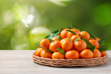 Fresh juicy tangerines on white wooden table against blurred green background. Space for text