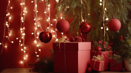 Festive holiday scene featuring beautifully wrapped red gift boxes, shiny ornaments, and twinkling lights, creating a warm and inviting atmosphere for celebration and joy