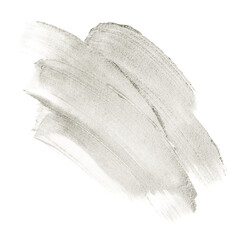 Metallic silver paint creating a shimmering brush stroke swatch on a white background, useful for makeup, art or glitter concepts. Color of 2026 year dancer in the white cloud