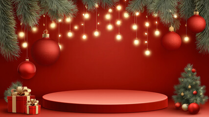Festive holiday scene featuring a circular platform surrounded by Christmas ornaments, twinkling lights, and a decorated tree, creating a warm and inviting atmosphere for celebrations