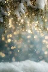 Snow-covered evergreen branches adorned with soft white snow and glowing lights create a magical winter atmosphere with a dreamy bokeh background for seasonal celebrations