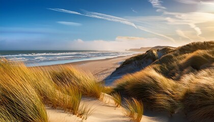 serene coastal landscape with windswept dunes and golden grasses under a clear sky