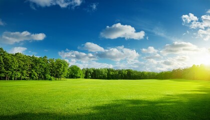 sun drenched grassy field lush green backdrop of trees vibrant blue sky with fluffy white clouds sunny background