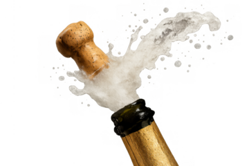 Champagne cork popping from bottle with sparkling white liquid splashes, celebrating success and holiday events