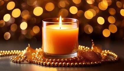 a glowing orange candle in a glass surrounded by golden beads and bokeh lights