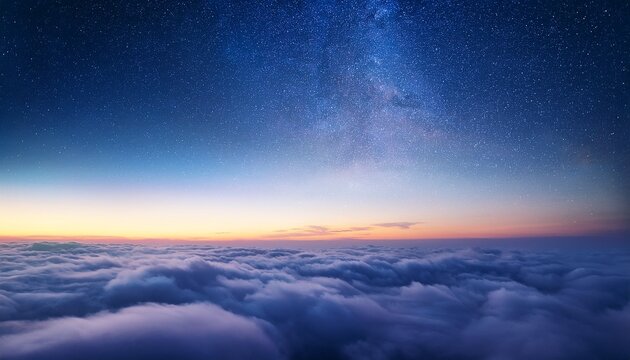 serene moonlit landscape over soft clouds with starry sky and distant horizon at twilight