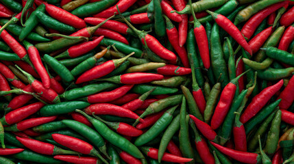 Close-up of a pattern and texture background made of red and green hot chili peppers.