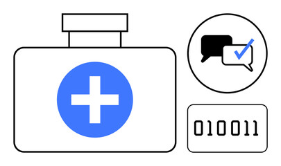 First aid kit with a medical cross, chat bubble depicting communication with a checkmark, and binary code rectangle. Ideal for telemedicine, emergency services, healthcare apps, digital solutions