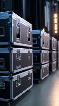 Stacked professional road cases stand in an illuminated backstage environment ready for event logistics. 
