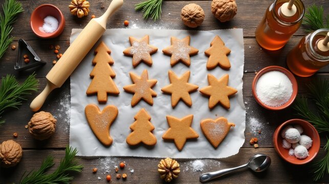 A festive arrangement of gingerbread cookies shaped like Christmas trees, stars, and hearts, surrounded by baking ingredients.