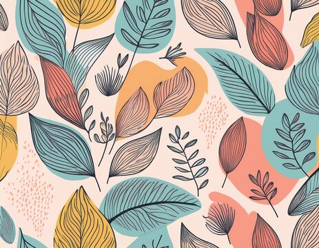 abstract pastel floral seamless pattern with doodle leaves and organic shapes leaf contemporary - Powered by Adobe