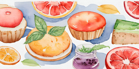 Vibrant Watercolor Desserts & Fruits Collage Art