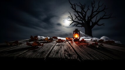 Spooky old lantern on wooden table under full moon and bare tree