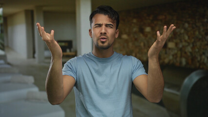 Young hispanic man in blue shirt expressing confusion indoors at spa pool setting with arms raised, conveying contemplation in a serene atmosphere.