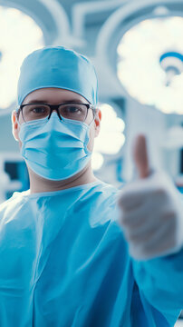 Medical professional in full protective gear giving a confident thumbs-up gesture in a clinical environment. 
