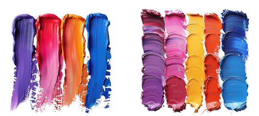 Vibrant streaks of colorful oil paint swatches showing different textures and hues isolated on transparent background