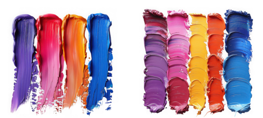 Vibrant streaks of colorful oil paint swatches showing different textures and hues isolated on transparent background
