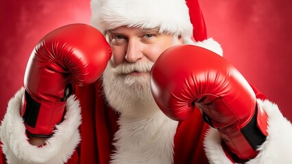 Santa Claus Wearing Red Boxing Gloves Boxing Day Concept Portrait Red Background Holiday Humor