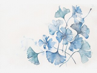 Abstract art banner with blue ginkgo leaves and flowers