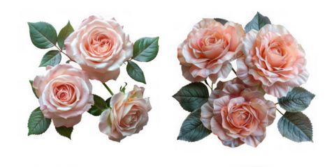 Delicate blush pink roses with green leaves arranged in two clusters isolated on transparent background