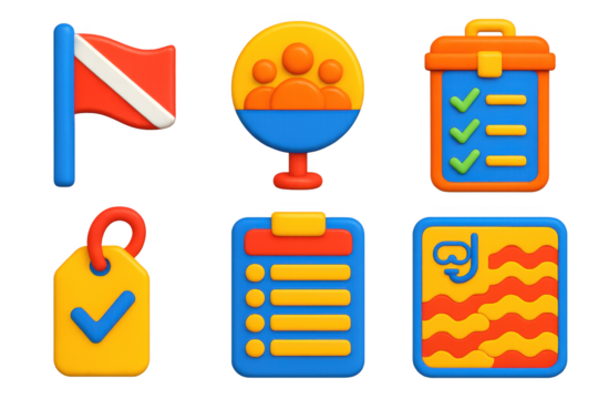 Set of six colorful icons, including a check mark, a flag, a clipboard - Powered by Adobe