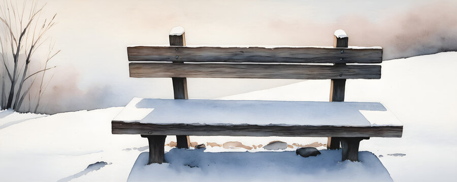 Tranquil Winter Scene: Snow-Covered Bench Painting