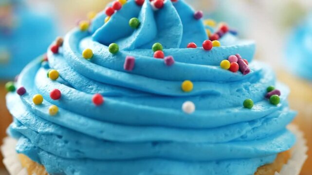 Sweet blue cupcake, rich buttercream frosting, vibrant multi-colored sprinkles